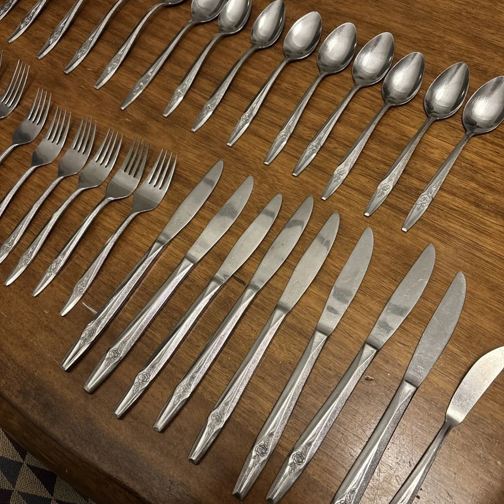 35 Pc. NASCO TEMPTATION Dinner Fork Spoon‎ Knife Stainless Korea Single Rose